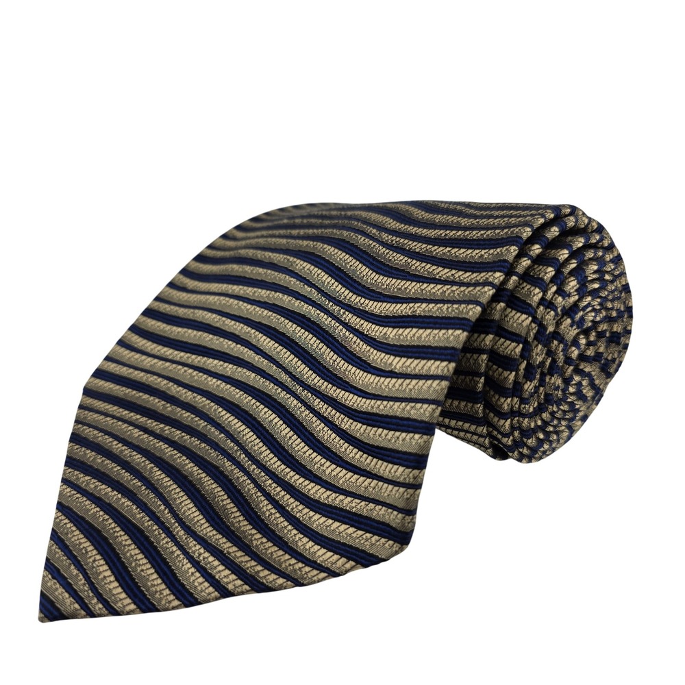 Louis Roth Silk Tie Mens OS Gold Navy Blue Excellent Wavy Ribbed Hand Made